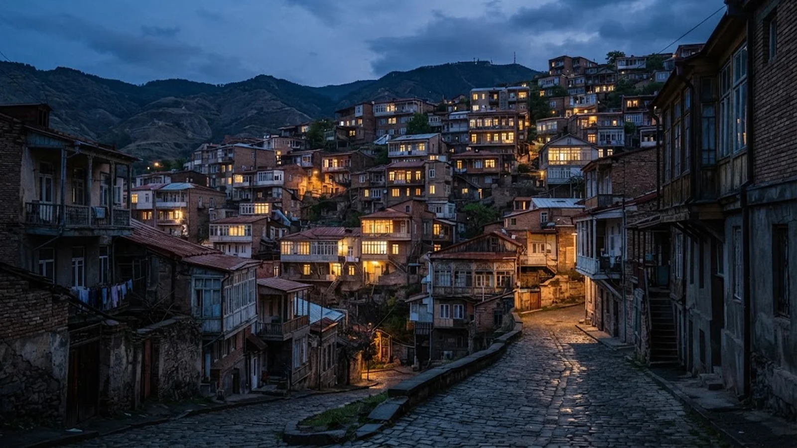 Residential buildings on a Tbilisi hillside at dusk