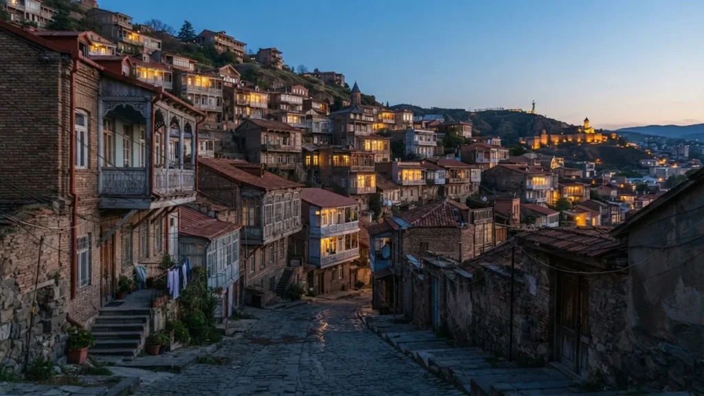 Residential buildings on a Tbilisi hillside at dusk