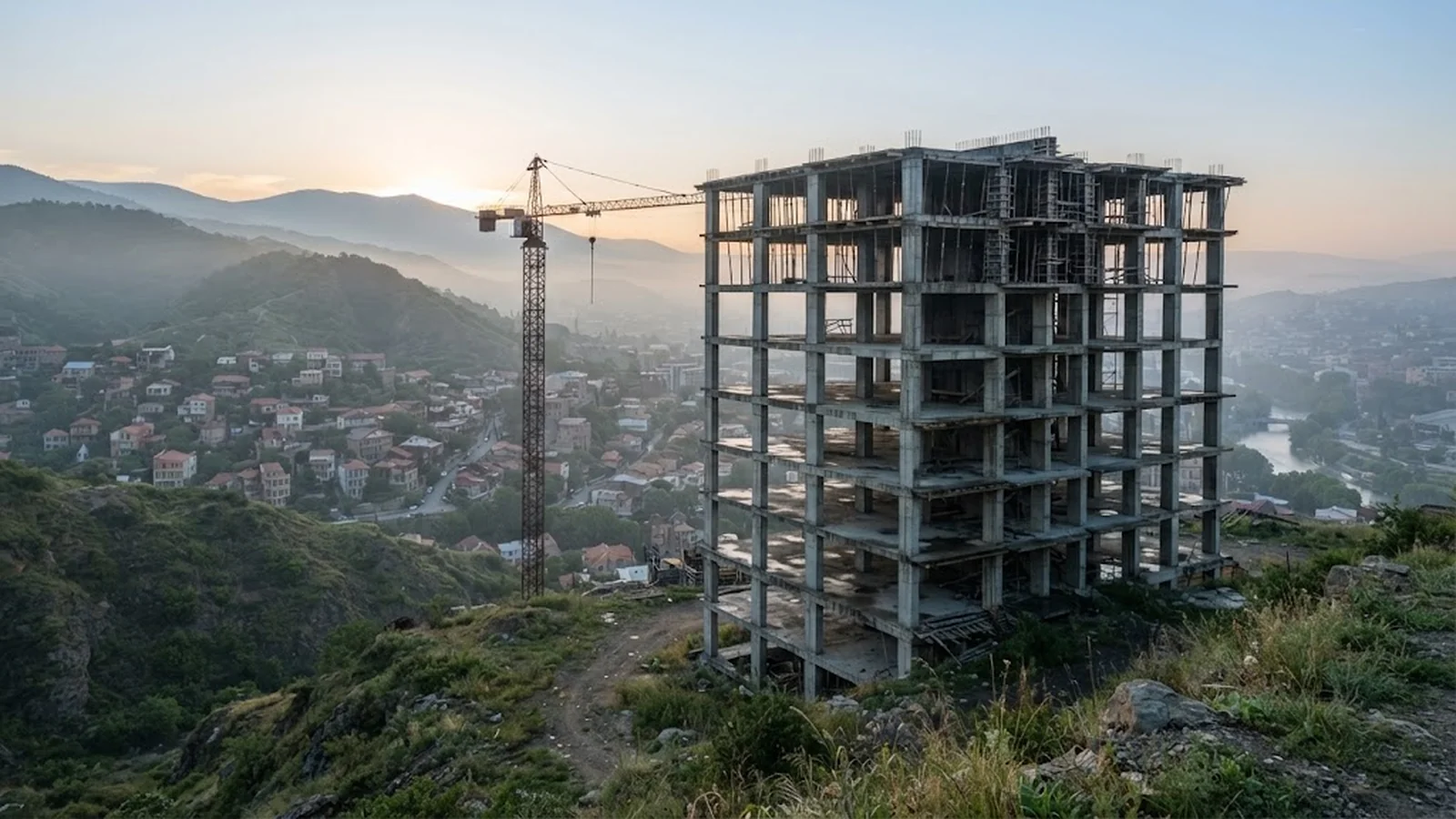 Unfinished apartment block above Tbilisi at dawn