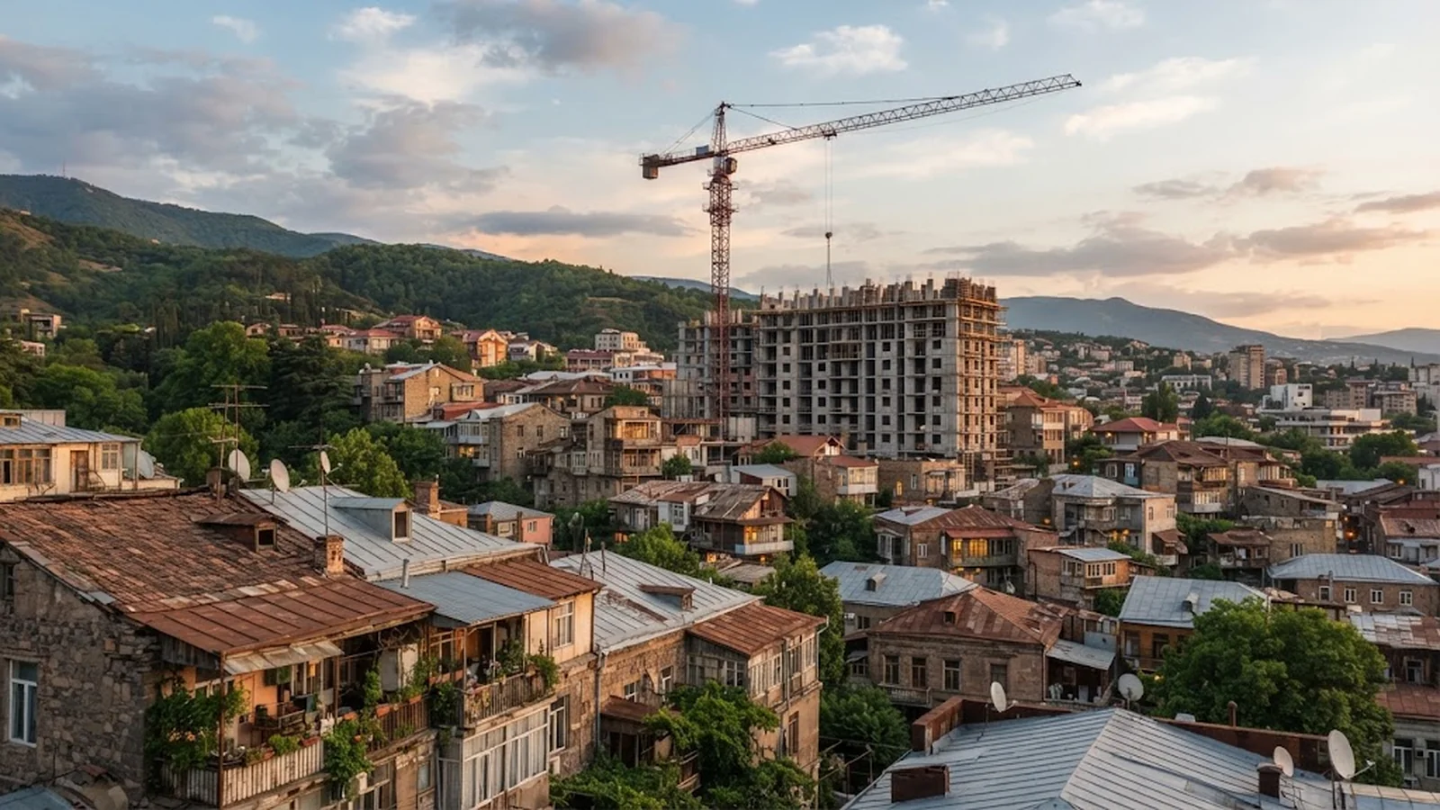 Tbilisi rooftops with a crane over an unfinished block