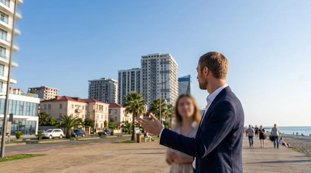 A property adviser and buyer viewing coastal apartment buildings in Batumi