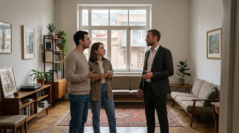 Property adviser and two buyers discussing a furnished apartment in Tbilisi