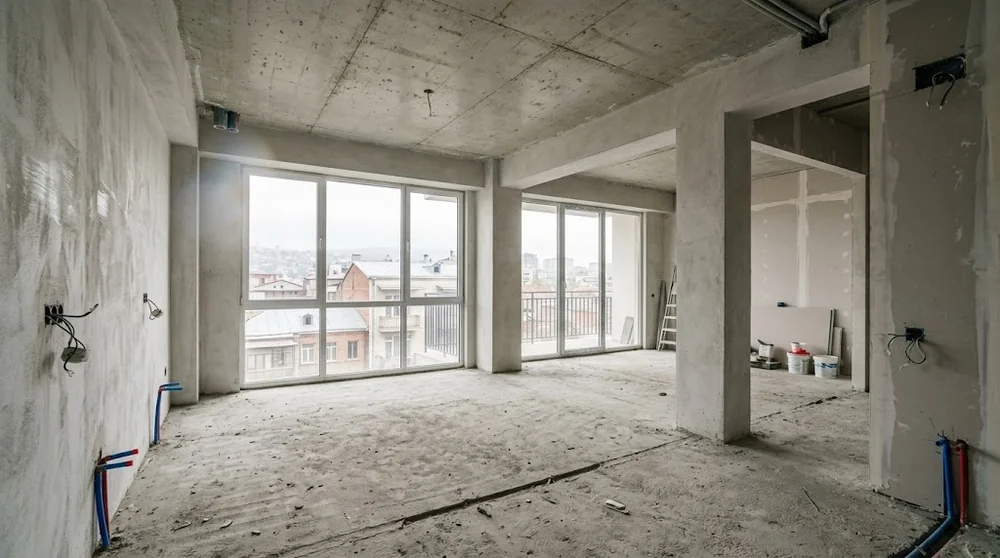 Unfinished apartment interior with exposed service connections in Tbilisi