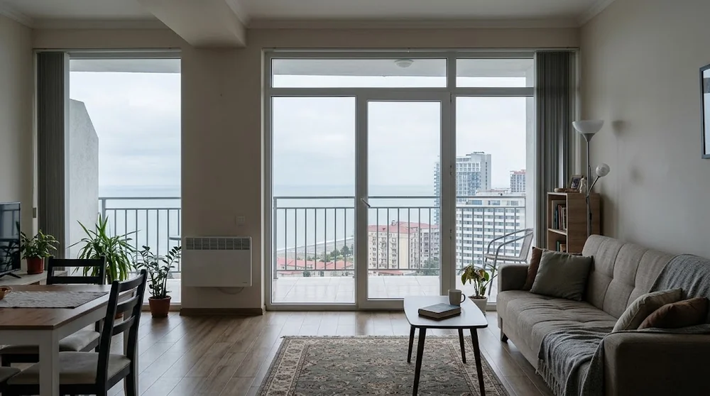 Furnished apartment with a heating appliance and sea-facing balcony in Batumi